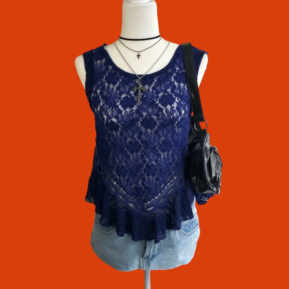 Free People Royal Blue Lace Open-Back Ruffle Peplum Top XS Boho Indie Sleaze